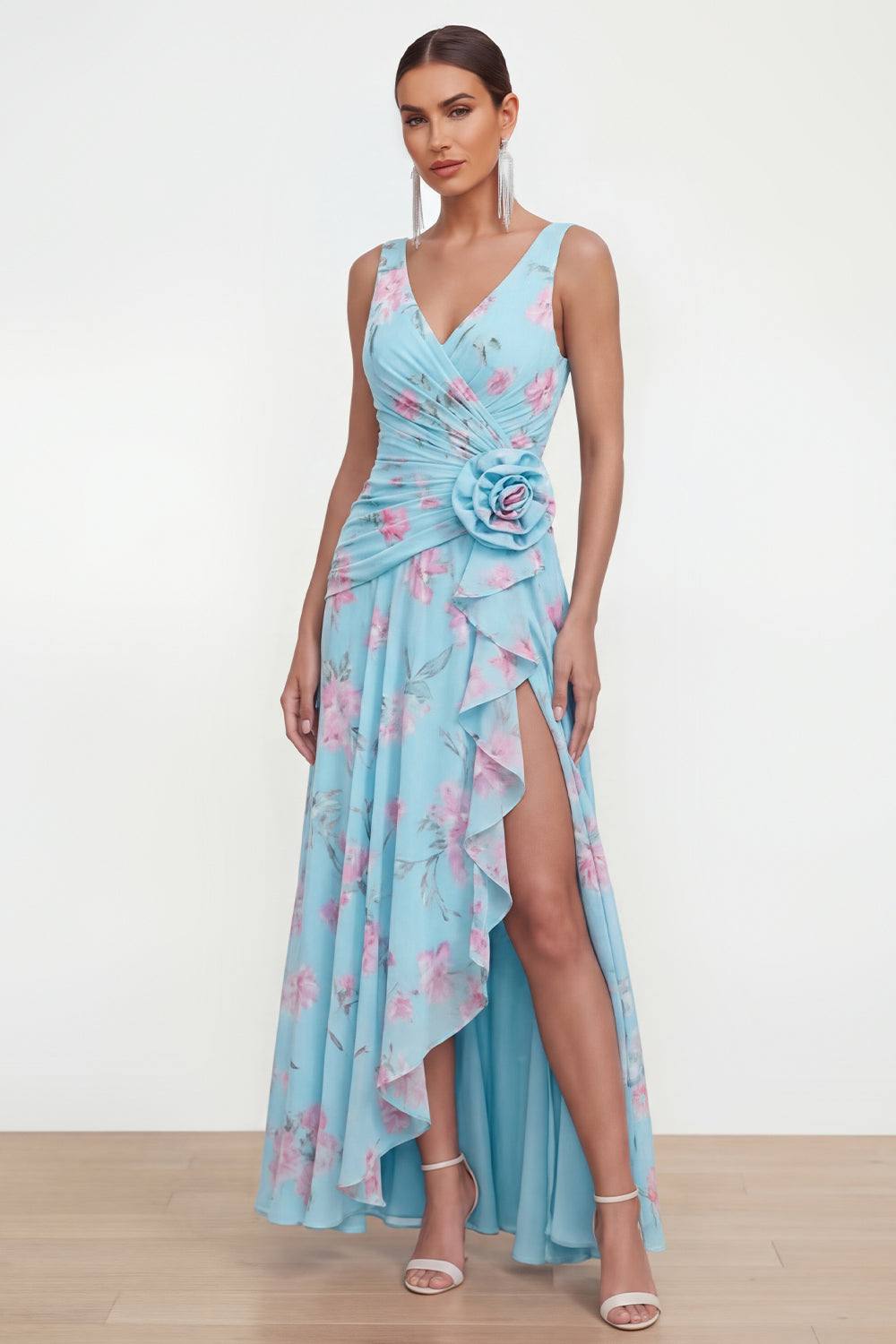blue or green wedding guest dress Wedtrend Women Green Wedding Guest Dress with 3D Flowers V Neck Ruched A  Line Ruffled Maxi Party Dress with Slit – WEDTREND