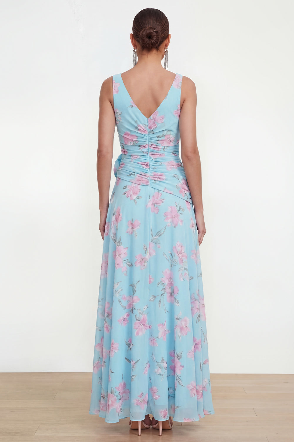 Wedtrend Women Green Wedding Guest Dress with 3D Flowers V Neck Ruched A  Line Ruffled Maxi Party Dress with Slit – WEDTREND