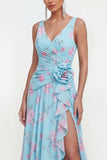 Green Ruched 3D Flower Wedding Guest Dress with Slit