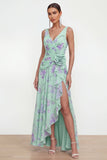 Green Ruched 3D Flower Wedding Guest Dress with Slit
