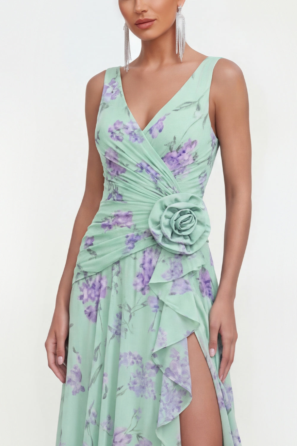 Wedtrend Women Green Wedding Guest Dress with 3D Flowers V Neck Ruched A  Line Ruffled Maxi Party Dress with Slit – WEDTREND