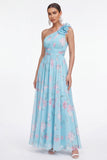 One Shoulder A Line Green Floral Wedding Guest Dress with 3D Flower