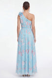 One Shoulder A Line Green Floral Wedding Guest Dress with 3D Flower