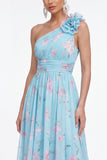 One Shoulder A Line Green Floral Wedding Guest Dress with 3D Flower