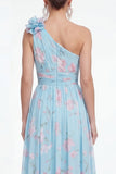 One Shoulder A Line Green Floral Wedding Guest Dress with 3D Flower