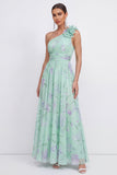 One Shoulder A Line Green Floral Wedding Guest Dress with 3D Flower