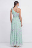 One Shoulder A Line Green Floral Wedding Guest Dress with 3D Flower