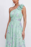 One Shoulder A Line Green Floral Wedding Guest Dress with 3D Flower