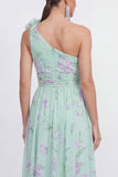 One Shoulder A Line Green Floral Wedding Guest Dress with 3D Flower