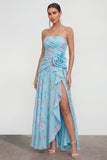 Strapless 3D Flower Ruched A Line Green Wedding Guest Dress