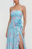 Strapless 3D Flower Ruched A Line Green Wedding Guest Dress