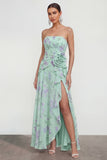 Strapless 3D Flower Ruched A Line Green Wedding Guest Dress