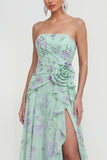 Strapless 3D Flower Ruched A Line Green Wedding Guest Dress