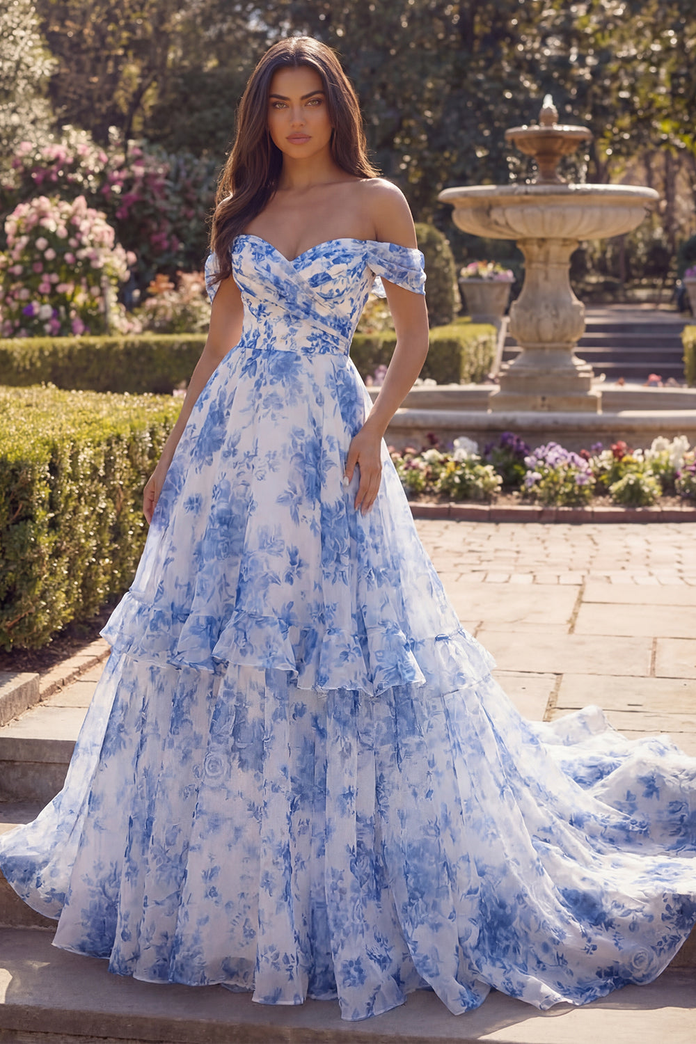 Wedtrend Women Off the Shoulder Prom Dress Blue Floral A Line Ruched