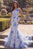 One Shoulder Blue Floral Mermaid Maxi Prom Dress