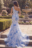 One Shoulder Blue Floral Mermaid Maxi Prom Dress