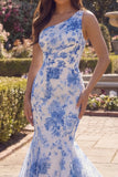 One Shoulder Blue Floral Mermaid Maxi Prom Dress