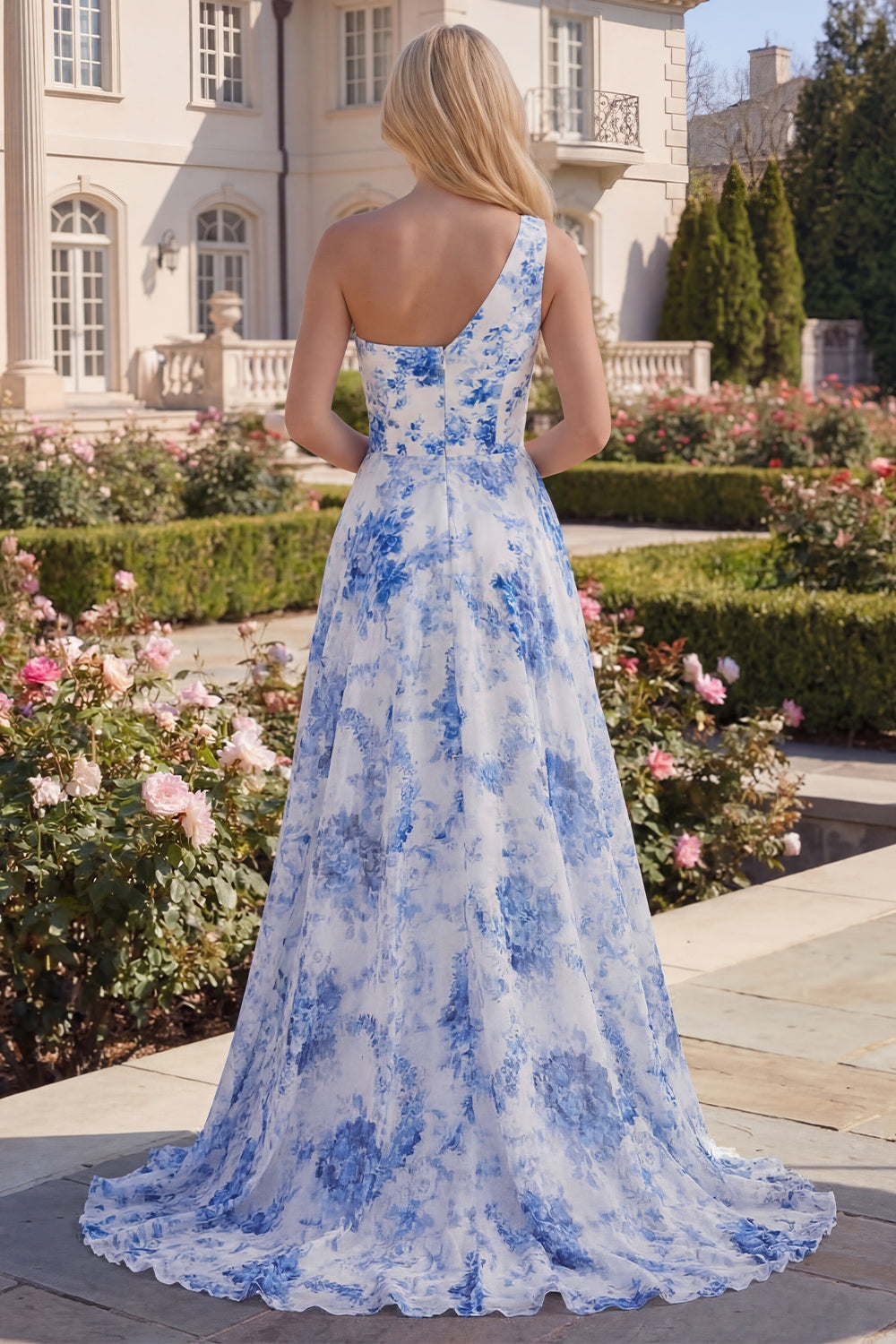 Wedtrend Women One Shoulder Prom Dress Blue Floral A Line Maxi Party Dress with Slit, White Blue Flower / US26W