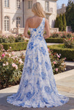 Blue Floral One Shoulder A Line Maxi Prom Dress with Slit