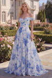 Blue Floral Off the Shoulder A Line Maxi Prom Dress