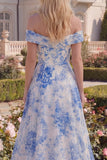 Blue Floral Off the Shoulder A Line Maxi Prom Dress