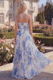 Strapless Ruffled Blue Floral A Line Maxi Prom Dress