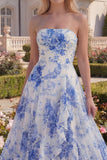 Strapless Ruffled Blue Floral A Line Maxi Prom Dress