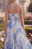 Strapless Ruffled Blue Floral A Line Maxi Prom Dress