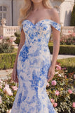 Blue Floral Off the Shoulder Mermaid Maxi Prom Dress