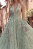 Halter Dusty Sage A Line Backless Maxi Prom Dress