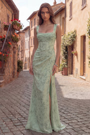 Corset Mermaid Ruched Dusty Sage Maxi Prom Dress with Pearls
