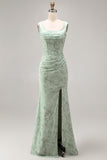 Corset Mermaid Ruched Dusty Sage Maxi Prom Dress with Pearls