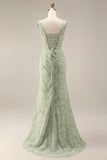 Corset Mermaid Ruched Dusty Sage Maxi Prom Dress with Pearls