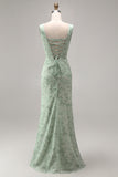 Corset Mermaid Ruched Dusty Sage Maxi Prom Dress with Pearls