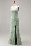 Corset Mermaid Ruched Dusty Sage Maxi Prom Dress with Pearls