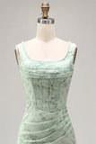 Corset Mermaid Ruched Dusty Sage Maxi Prom Dress with Pearls