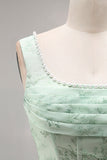 Corset Mermaid Ruched Dusty Sage Maxi Prom Dress with Pearls