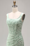 Corset Mermaid Ruched Dusty Sage Maxi Prom Dress with Pearls