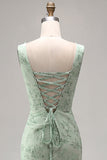 Corset Mermaid Ruched Dusty Sage Maxi Prom Dress with Pearls
