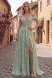 Off the Shoulder Ruched Dusty Sage A Line Floral Prom Dress with Pearls