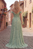 Off the Shoulder Ruched Dusty Sage A Line Floral Prom Dress with Pearls