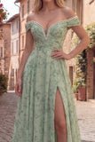 Off the Shoulder Ruched Dusty Sage A Line Floral Prom Dress with Pearls
