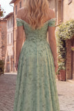 Off the Shoulder Ruched Dusty Sage A Line Floral Prom Dress with Pearls
