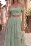 2 Piece Off the Shoulder Dusty Sage A Line Prom Dress with Pearls