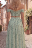 2 Piece Off the Shoulder Dusty Sage A Line Prom Dress with Pearls