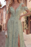 Cold Shoulder Dusty Sage Corset A Line Maxi Prom Dress