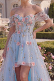 Blue Floral Off the Shoulder Tulle High Low Prom Dress