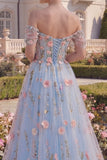 Blue Floral Off the Shoulder Tulle High Low Prom Dress