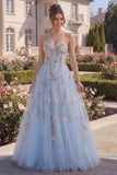 Strapless Floral Blue Corset A Line Tulle Long Prom Dress