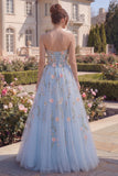 Strapless Floral Blue Corset A Line Tulle Long Prom Dress